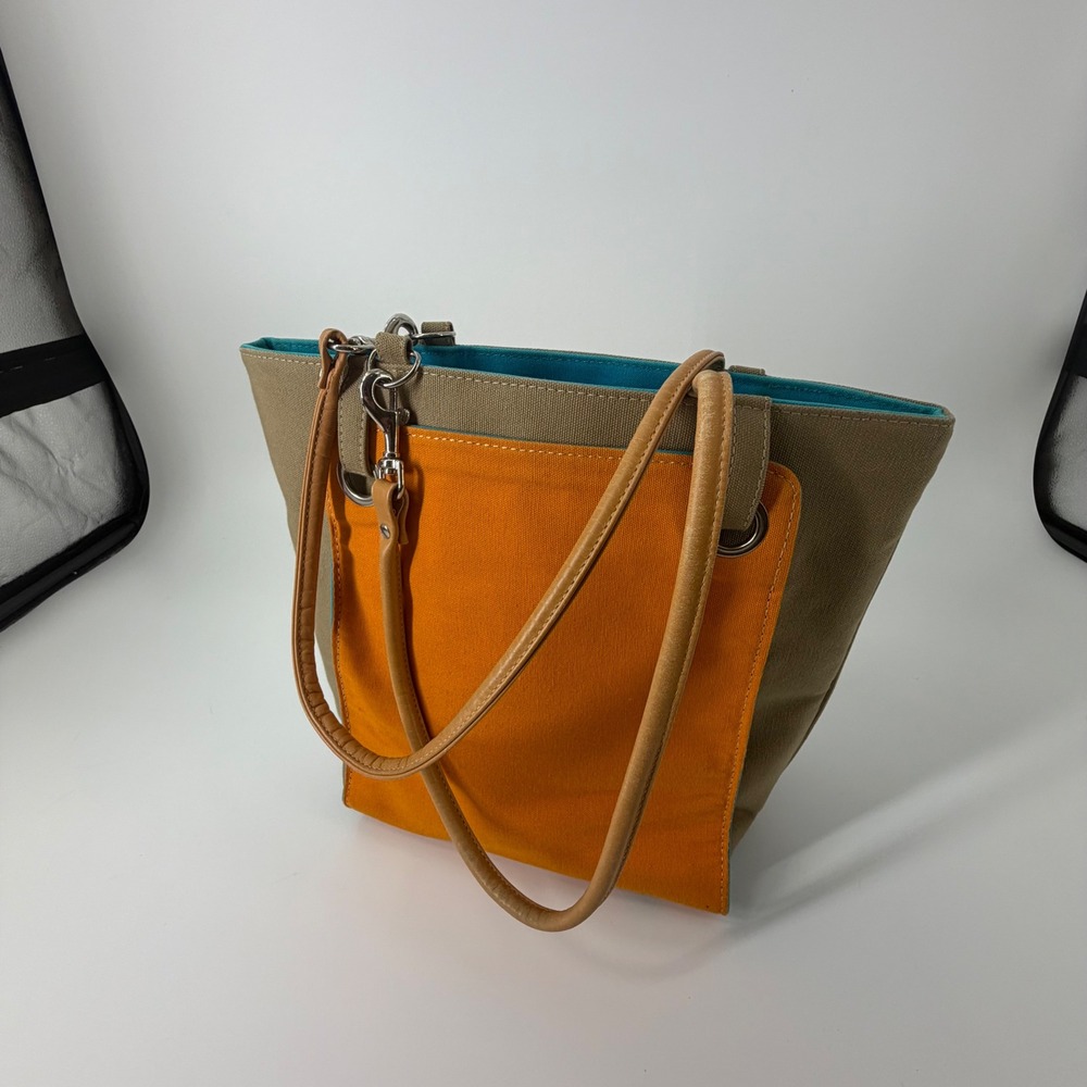 Dante Beatrix Vintage Y2K Canvas Color Block Tote Bag Tan Orange Turquoise